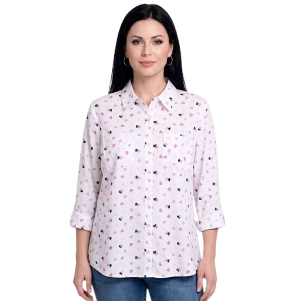 Christopher & Banks White Button Down Shirt with Heart Design Size LP